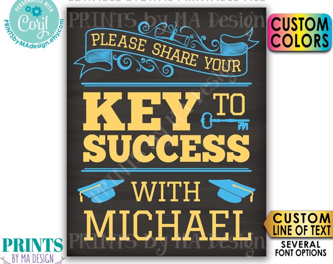 Please share your Key to Success Graduation Advice Sign, Editable PRINTABLE 8x10/16x20” Chalkboard Style Grad Sign <Edit Yourself w/Corjl>