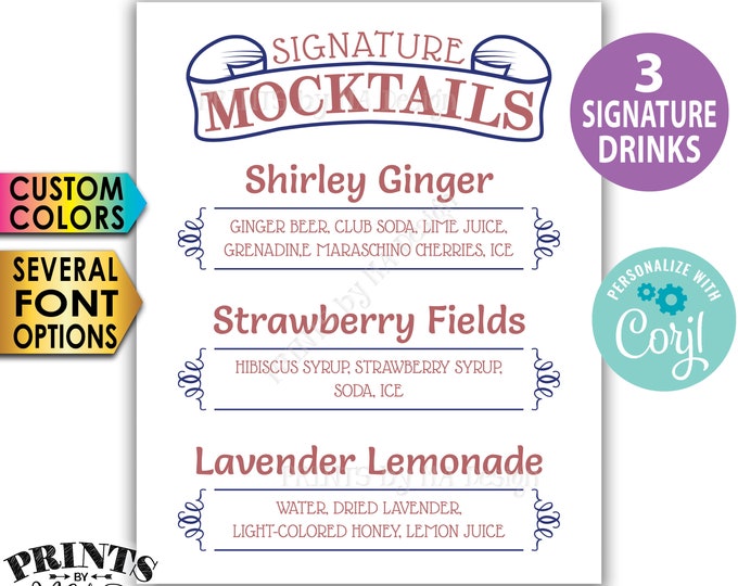 Signature MOCKtails Sign, 3 Non-Alcoholic Beverages, Custom PRINTABLE 8x10/16x20” Mixed Drinks Sign <Edit Yourself w/Corjl>