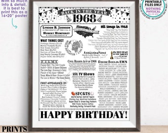 Back in the Year 1968 Birthday Sign, Flashback to 1968 Poster Board, Bday Gift, PRINTABLE 16x20” ‘68 B-day Decoration, Black and Gray <ID>