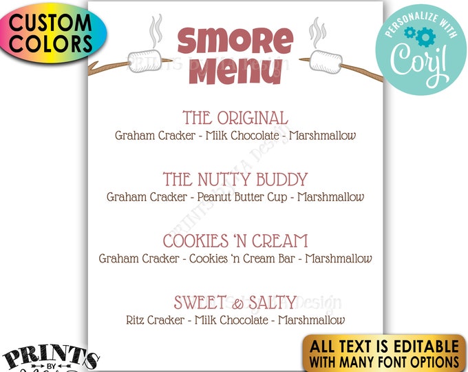 Custom S'more Sign, Smore Station, All Text is Editable, PRINTABLE 8x10/16x20” S'mores Menu Sign <Edit Yourself with Corjl>