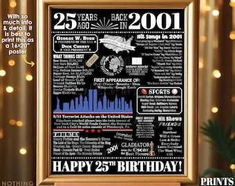 25th Birthday Poster Board, Born in the Year 2001 Flashback 25 Years Ago B-day Gift, PRINTABLE 16x20” Back in '01 Black & Silver Sign <ID>