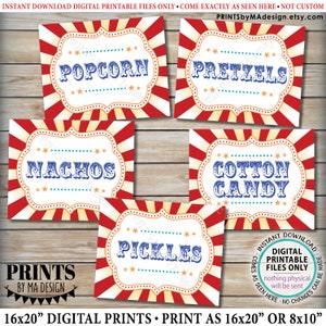 Carnival Food Signs, Popcorn, Cotton Candy, Pickles, Pretzels, Nachos, Circus, PRINTABLE 8x10/16x20” Carnival Theme Party Food Signs <ID>