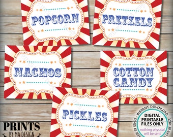 Carnival Food Signs, Popcorn, Cotton Candy, Pickles, Pretzels, Nachos, Circus, PRINTABLE 8x10/16x20” Carnival Theme Party Food Signs <ID>