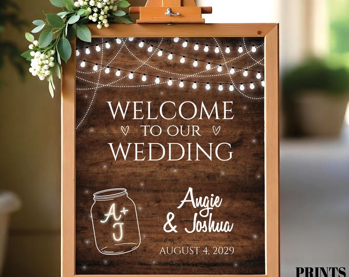 Wedding Welcome Sign, Welcome to our Wedding, Lights, Jar, Fireflies, Rustic Decor, PRINTABLE 8x10/16x20” Rustic Wood Style Sign