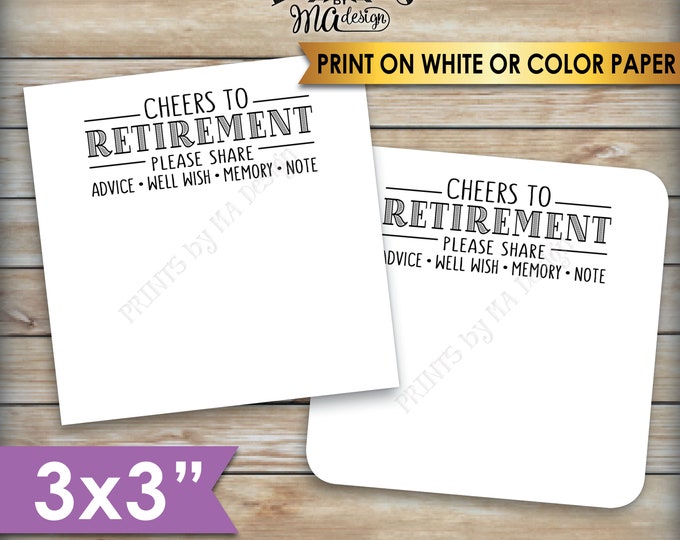 Retirement Wishes Cards, Cheers to Retirement, Memory, Advice, Well Wishes, Retirement Party Decor, 3" cards on PRINTABLE 8.5x11" Sheet <ID>