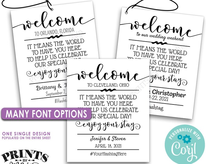 Wedding Welcome Bag Tags, Destination, Out of Town Guests Goodie Bags, B&W PRINTABLE 8.5x11" Sheet of 4x5" Tags <Edit Yourself with Corjl>