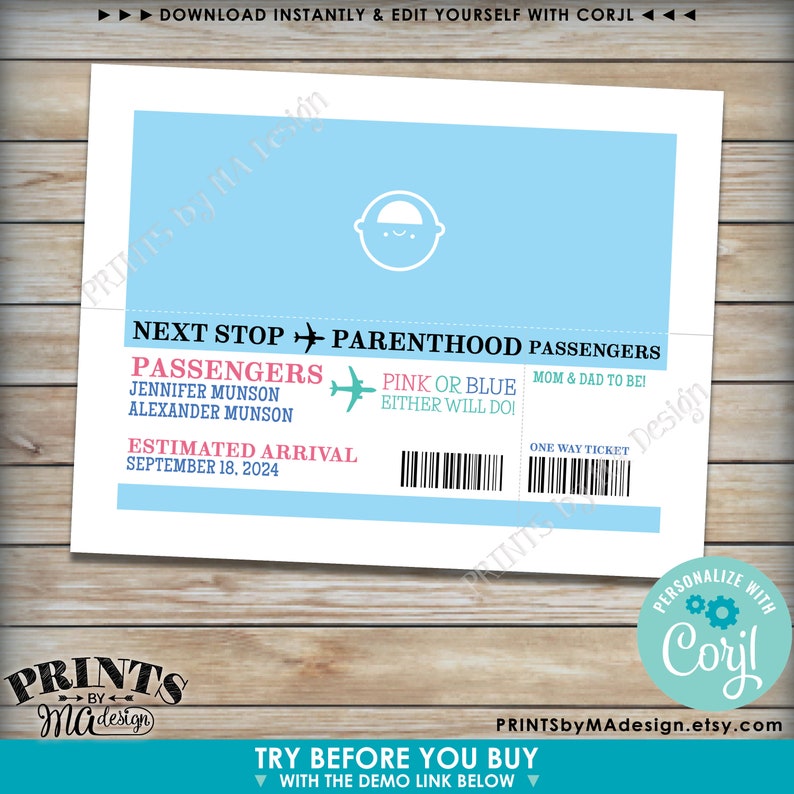 Puede incluir: Una invitaci&oacute;n de baby shower imprimible azul y rosa en forma de boleto de avi&oacute;n. El texto dice "Pr&oacute;xima parada Padres Pasajeros" con los nombres Jennifer Munson y Alexander Munson como pasajeros. La fecha de llegada estimada es el 18 de septiembre de 2024. El texto "Rosa o Azul, &iexcl;Cualquiera de los dos sirve!" est&aacute; impreso en rosa.