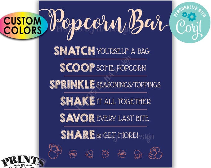 Popcorn Bar Sign, Popcorn Toppings Directions, Custom Colors PRINTABLE 8x10/16x20” Digital File <Edit Yourself with Corjl>