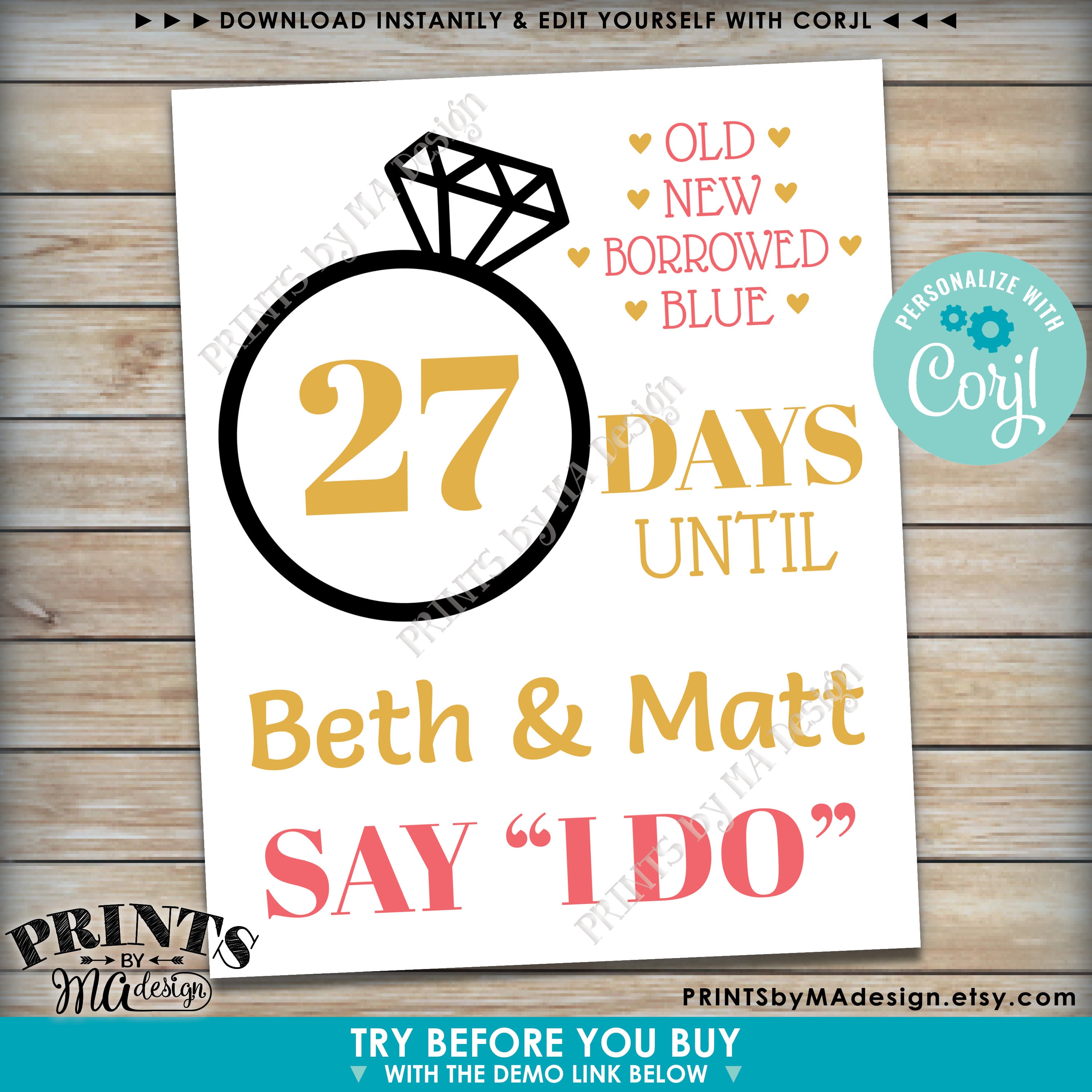 Wedding Countdown Sign, Days Until They Say I Do, Bridal Shower