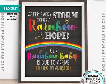 Rainbow Baby Pregnancy Announcement, Pregnancy Reveal After Loss, Baby Due in MARCH Dated Chalkboard Style PRINTABLE 8x10/16x20” Sign <ID>