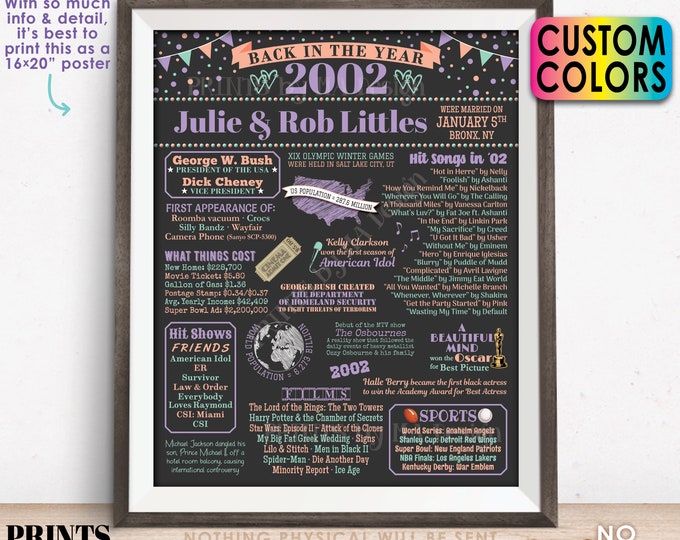 Back in the Year 2002 Anniversary Sign, 2002 Anniversary Party Decoration, Gift, Custom PRINTABLE 16x20” Flashback to 2002 Poster Board