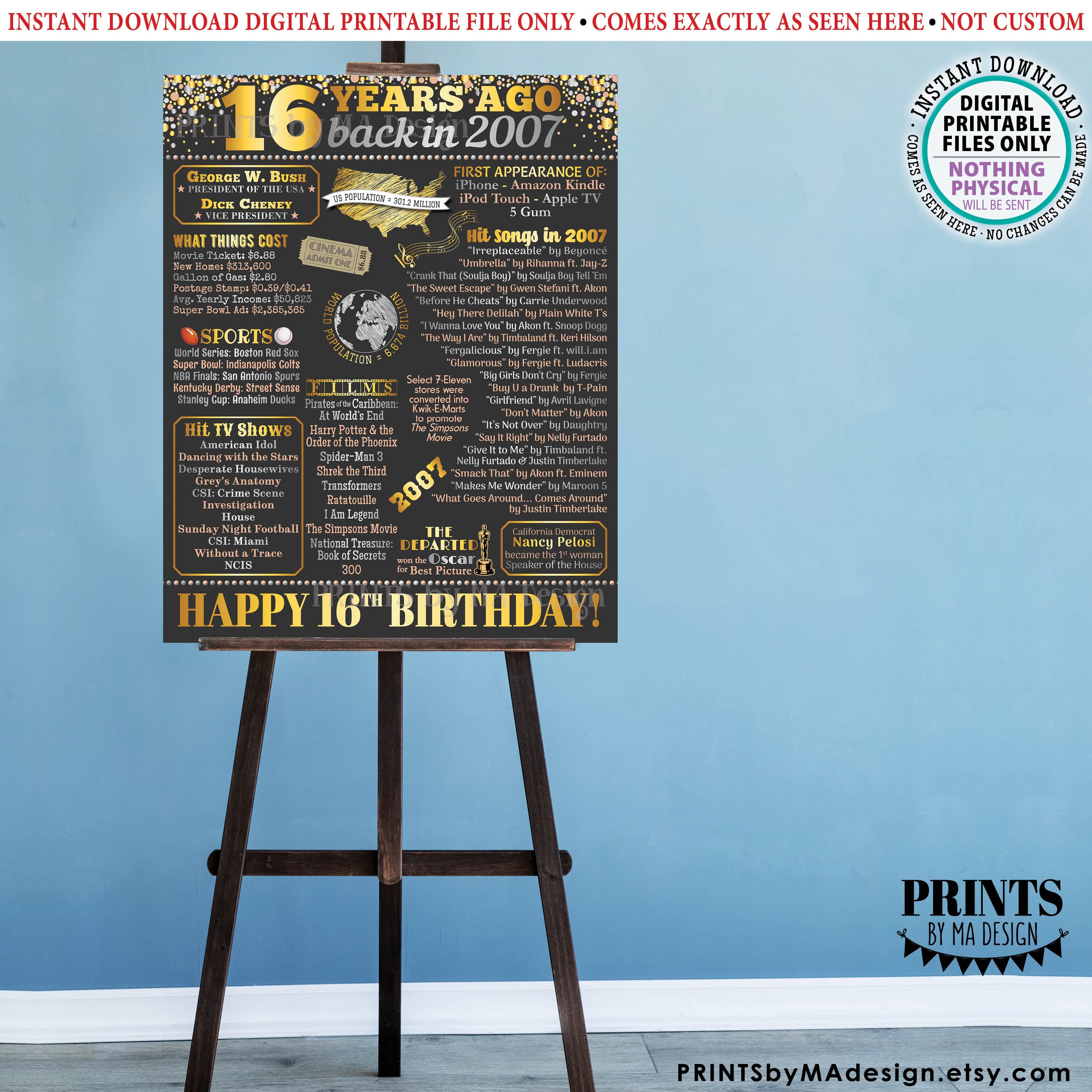 16th Birthday Poster Board, Back in the Year 2007 Flashback 16 Years