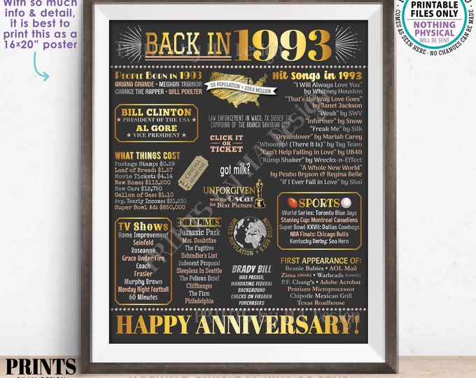 Back in 1993 Anniversary Poster Board, Flashback to 1993 Anniversary Decor, PRINTABLE 16x20” Sign, 1993 Anniversary Gift <ID>