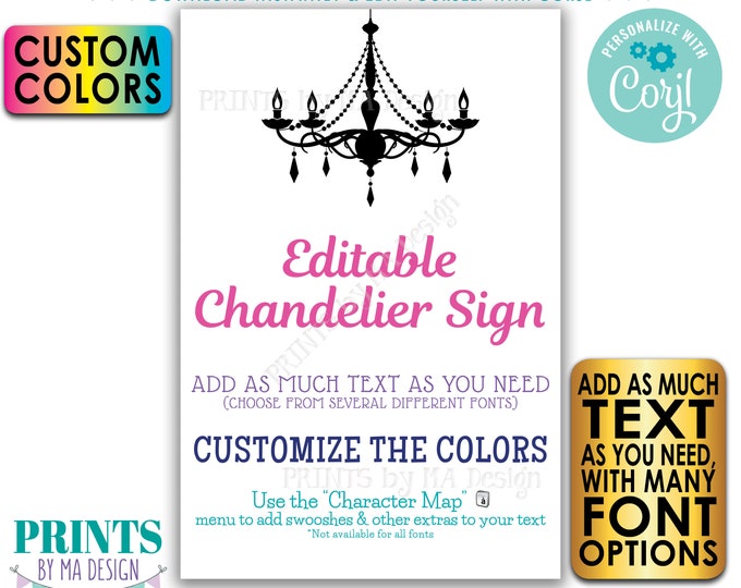 Editable Chandelier Sign, One Custom PRINTABLE 24x36” Portrait Sign, Birthday, Wedding, Choose Your Text & Colors <Edit Yourself with Corjl>