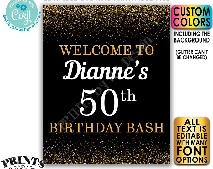 Editable Birthday Bash Sign, Welcome to the Birthday Party Decoration, PRINTABLE 8x10/16x20” Gold Glitter Sign <Edit Yourself w/Corjl>