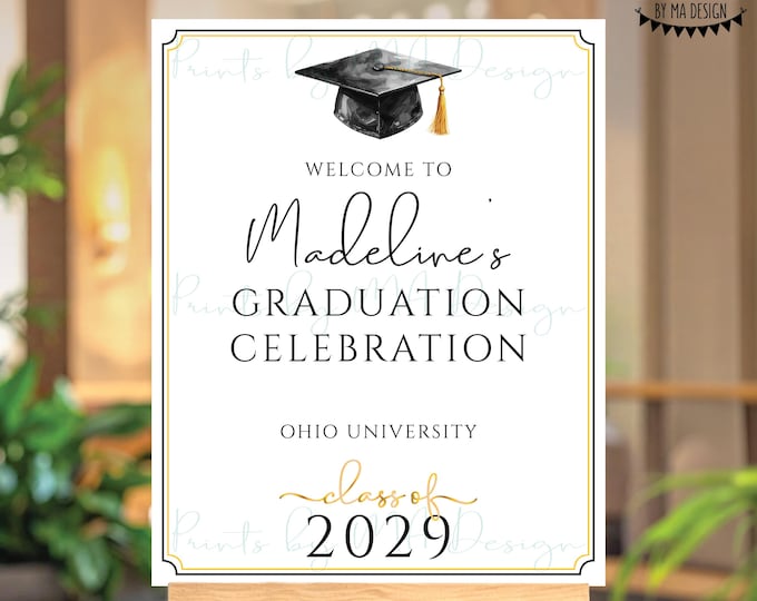 Graduation Party Welcome Sign, Elegant Watercolor Grad Cap, Custom PRINTABLE 8x10/16x20” Grad Decoration, PRINTABLE 8x10/16x20” Sign