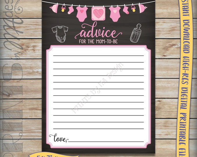 Mom-to-Be Advice Cards, Advice for Mom Baby Shower Activity, Pink Clothesline, Girl, Chalkboard 5x7" Instant Download Digital Printable File