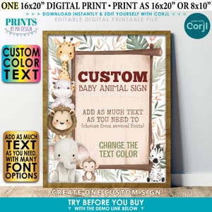 K&ouml;nnte beinhalten: Ein druckbares digitales Schild im Dschungel-Design mit den Ma&szlig;en 40,6 x 50,8 cm. Das Schild hat einen braunen Holzrahmen mit wei&szlig;em Hintergrund. Der Text "Custom Baby Animal Sign" ist rot. Das Schild zeigt au&szlig;erdem verschiedene Dschungeltiere, darunter eine Giraffe, ein Flusspferd, ein L&ouml;we, ein Elefant, ein Affe und ein Zebra. Der Text "F&uuml;gen Sie so viel Text hinzu, wie Sie ben&ouml;tigen (w&auml;hlen Sie aus verschiedenen Schriftarten)" und "&Auml;ndern Sie die Textfarbe" ist ebenfalls auf dem Schild zu sehen.
