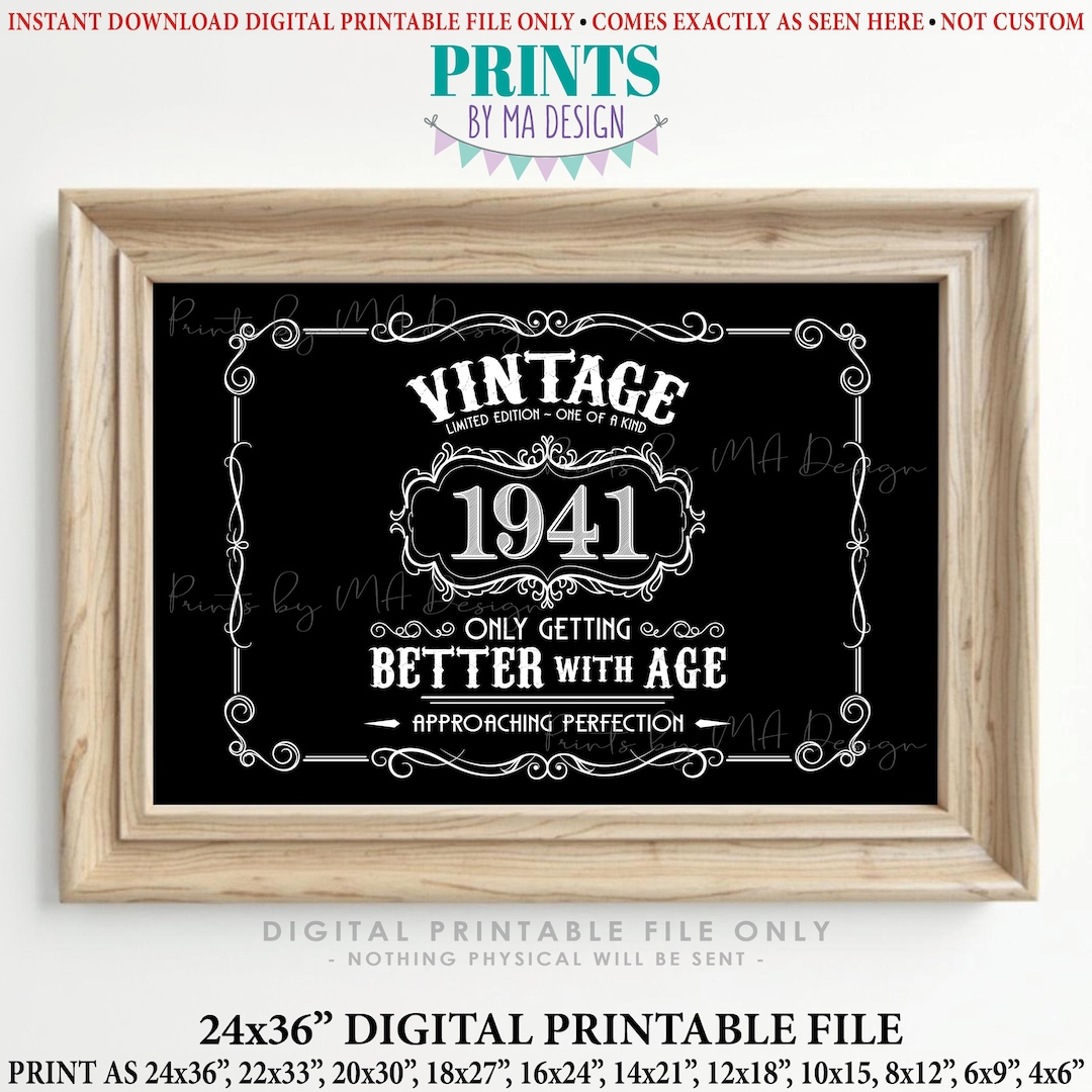 1941 Birthday Sign, Vintage Better With Age Poster, Whiskey Theme