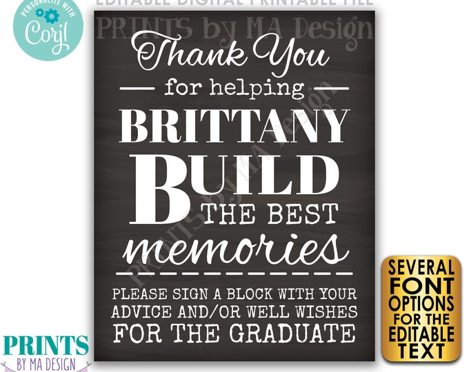 Thanks for Building Memories Sign a Block, Graduation Retirement, Custom PRINTABLE 8x10/16x20” Chalkboard Style Sign <Edit Yourself w/Corjl>