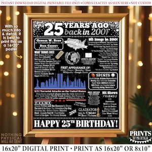 25th Birthday Poster Board, Black & Silver Born in the Year 2001 Flashback 25 years Ago B-day Gift, PRINTABLE 16x20” Back in 2001 Sign <ID> image 1