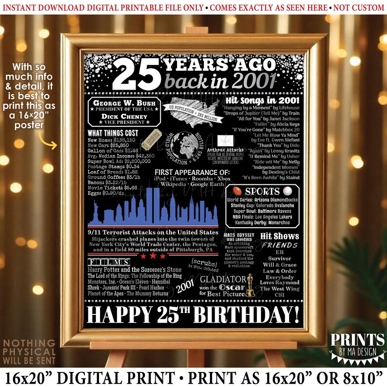 25th Birthday Poster Board, Black & Silver Born in the Year 2001 Flashback 25 years Ago B-day Gift, PRINTABLE 16x20” Back in 2001 Sign <ID> image 1
