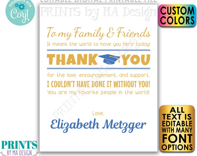 Graduation Thank You Sign, Thanks from the Grad Poster, PRINTABLE Graduation Party Decoration <Edit Yourself with Corjl>