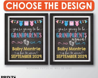 Puede incluir: Dos impresiones digitales en marcos negros con fondo estilo pizarra, ropa de bebé en un tendedero, huellas de pies de bebé y el texto You're going to be GRANDPARENTS, Baby Montrie is due to arrive SEPTEMBER 2029, uno incluye again.
