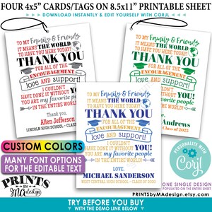 Editable Graduation Tags, Grad Party Favors, Thank You Goodie Bags, Color PRINTABLE 8.5x11&quot; Sheet of 4x5&quot; Tags/Cards &lt;Edit Yourself w/Corjl&gt;
