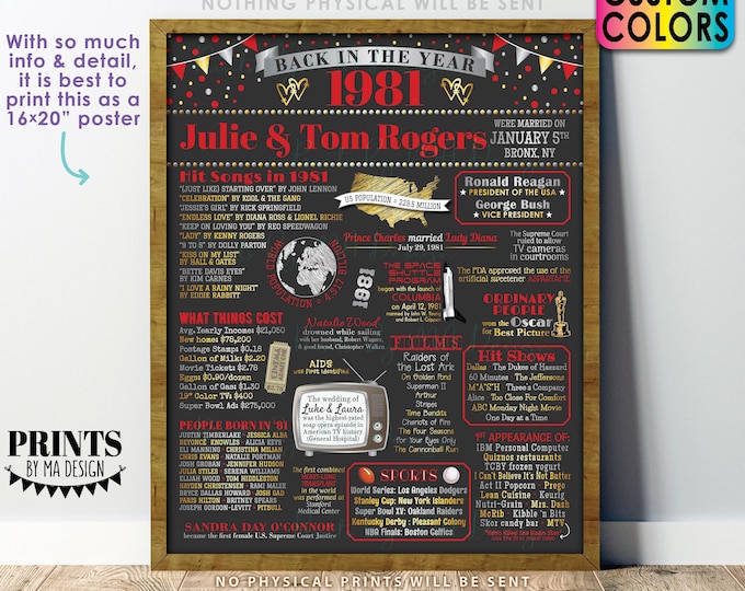 Back in the Year 1981 Anniversary Sign, 1981 Anniversary Party Decoration, Gift, Custom PRINTABLE 16x20” Flashback to 1981 Poster Board