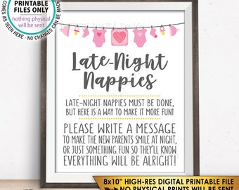 Late Night Nappy Sign, Late-Night Nappies Sign the Nappy Thoughts, Funny Baby Shower Game, It's a Girl, Pink/Gray PRINTABLE 8x10” Sign <ID>