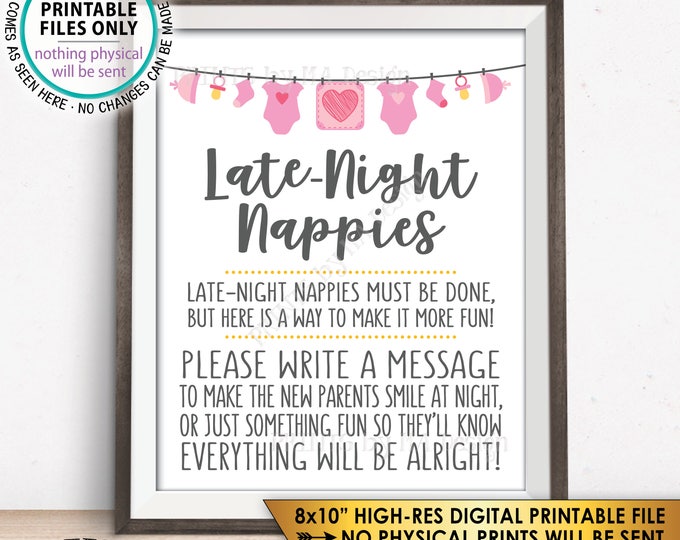 Late Night Nappy Sign, Late-Night Nappies Sign the Nappy Thoughts,  Funny Baby Shower Game, It's a Girl, Pink/Gray PRINTABLE 8x10” Sign <ID>