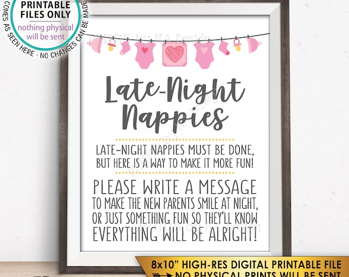 Late Night Nappy Sign, Late-Night Nappies Sign the Nappy Thoughts,  Funny Baby Shower Game, It's a Girl, Pink/Gray PRINTABLE 8x10” Sign <ID>