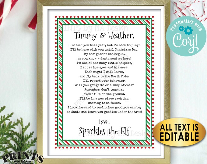 Christmas Elf Welcome Back Letter, Elf has Returned, Create One Custom Editable PRINTABLE 8.5x11" Digital File <Edit Yourself with Corjl>