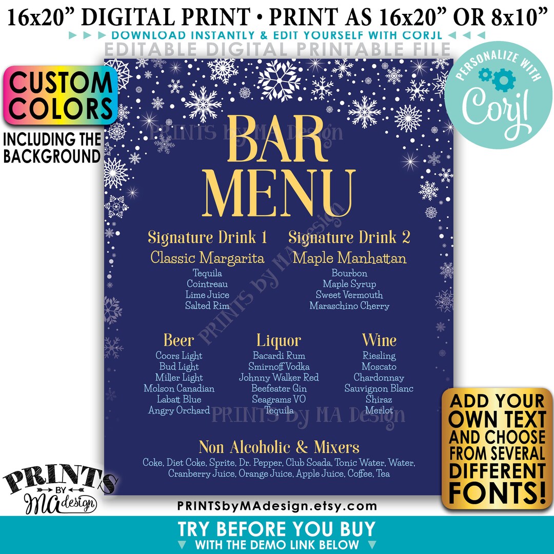 Editable Bar Menu Sign, Winter Snowflakes, PRINTABLE 8x10/16x20” Drink ...