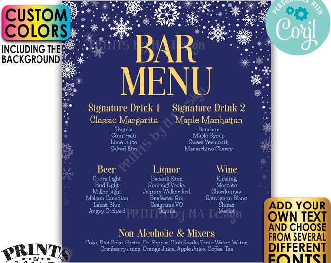 Editable Bar Menu Sign, Winter Snowflakes, PRINTABLE 8x10/16x20” Drink Menu Sign, Custom Color Background <Edit Yourself with Corjl>