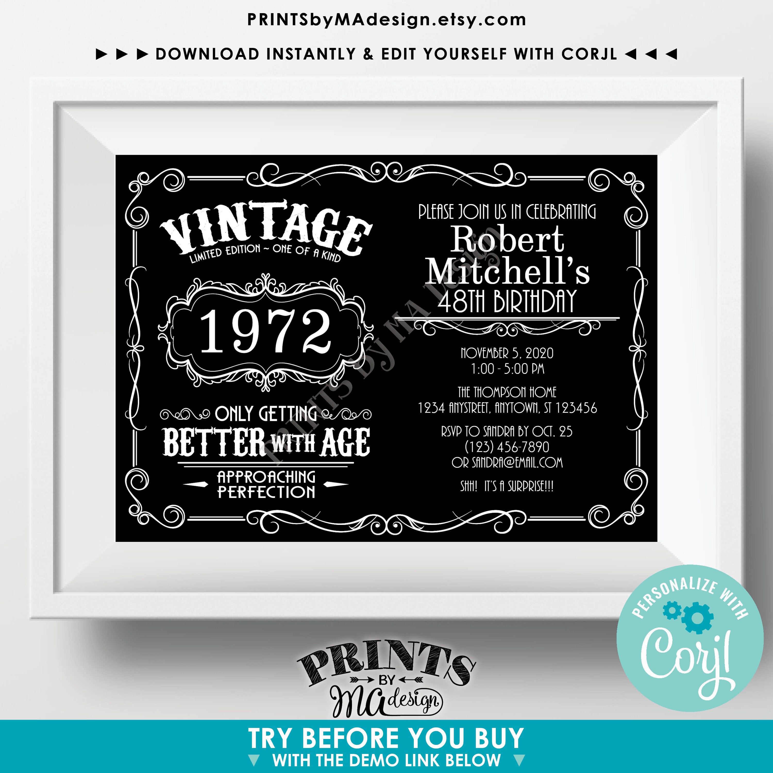 Vintage Birthday Party Invitation, Better with Age Bday Invite, Whiskey
