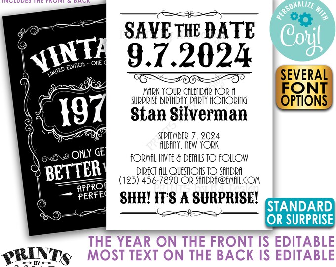 Vintage Birthday Party Save the Date, Better with Age, Two PRINTABLE 5x7” Files, Whiskey or Liquor Bday Invite <Edit Yourself with Corjl>