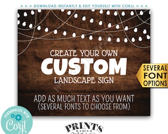 Custom Rustic Wood Style Poster with Lights, Choose Your Text, One PRINTABLE 8x10/16x20” Landscape Sign <Edit Yourself with Corjl>