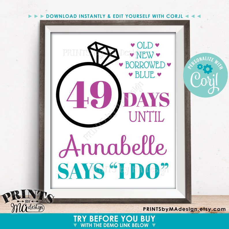 Bridal Shower Countdown Sign Days Until She Says I Do Custom | Etsy