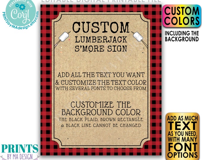 Editable Lumberjack S'mores Sign, Smore Bar, PRINTABLE 8x10/16x20” Sign, Checker Buffalo Plaid S'more Menu Sign <Edit Yourself w/Corjl>