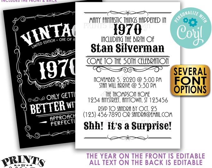 Vintage Surprise Birthday Party Invitation, Better with Age Bday Invite, Whiskey, Two PRINTABLE 5x7” Files <Edit Yourself with Corjl>