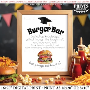 May include: A framed digital print with the words "Burger Bar" in a playful font, featuring a graduation cap and a burger illustration. The print includes text about celebrating achievements. The print is available in 16x20 or 8x10 inches.