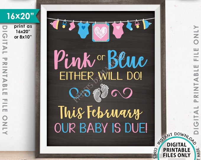 Pregnancy Announcement Sign, Pink or Blue Either Will Do Baby is Due in FEBRUARY Dated Chalkboard Style PRINTABLE Pregnancy Reveal Sign <ID>