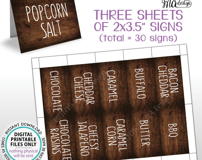 Popcorn Bar Labels, Popcorn Toppings, Sweet & Savory, 30 Rustic Wood Style Cards on PRINTABLE 8.5x11” Sheets <ID>