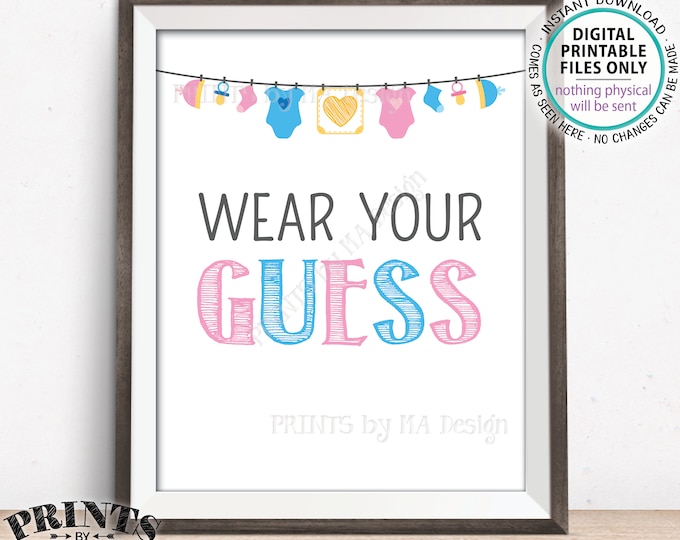Wear Your Guess Gender Reveal Party Sign, Pink or Blue, Clothes Pin, Button, Necklace, Boy or Girl, PRINTABLE 8x10" Gender Reveal Sign <ID>