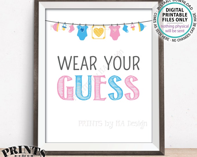 Wear Your Guess Gender Reveal Party Sign, Pink or Blue, Clothes Pin, Button, Necklace, Boy or Girl, PRINTABLE 8x10" Gender Reveal Sign <ID>