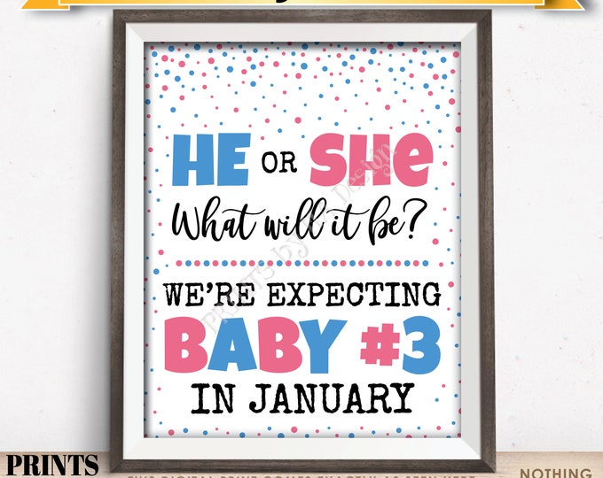 Baby Number 3 Pregnancy Announcement, He or She What Will It Be We're Expecting Baby #3 in JANUARY Dated PRINTABLE Sign <ID>