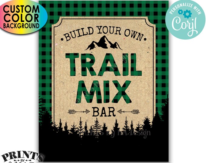 Lumberjack Trail Mix Bar Sign, Build Your Own Trail Mix, Custom Color PRINTABLE Buffalo Plaid Sign <Edit Color Yourself w/Corjl>