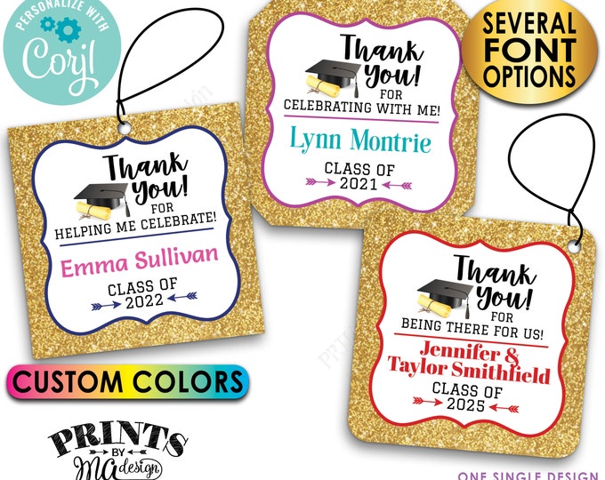 Graduation Thank You Tags, Gold Glitter Grad Party Favors, Digital PRINTABLE 8.5x11" File of 3" Square Cards <Edit Yourself with Corjl>